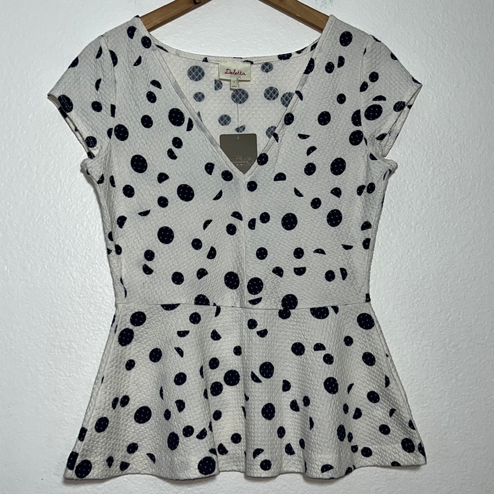 New Deletta By Anthropologie Polka Dot V Neck Navy/Marin Top Size M